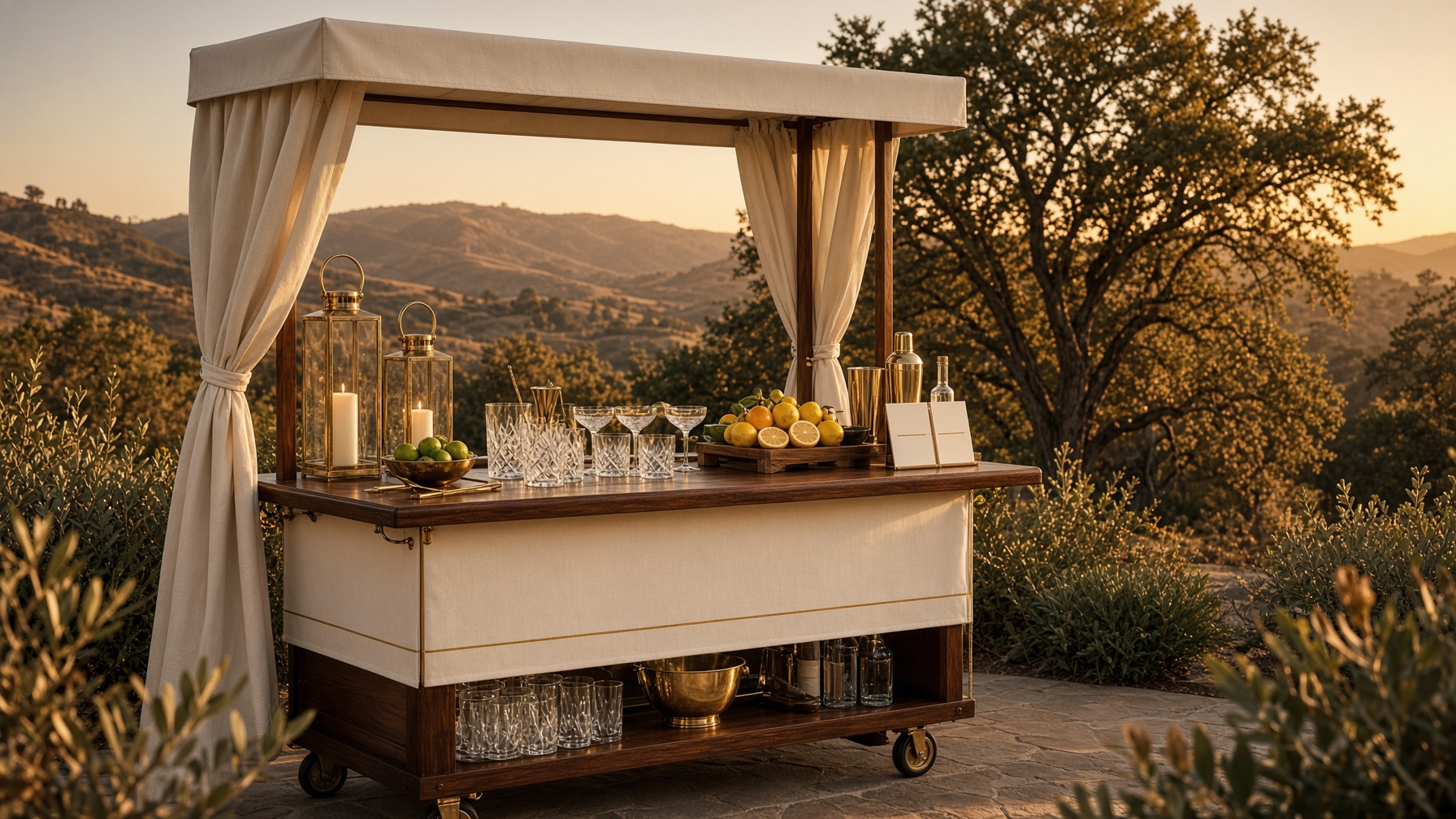 Styled house bar on a Granite Bay estate at golden hour