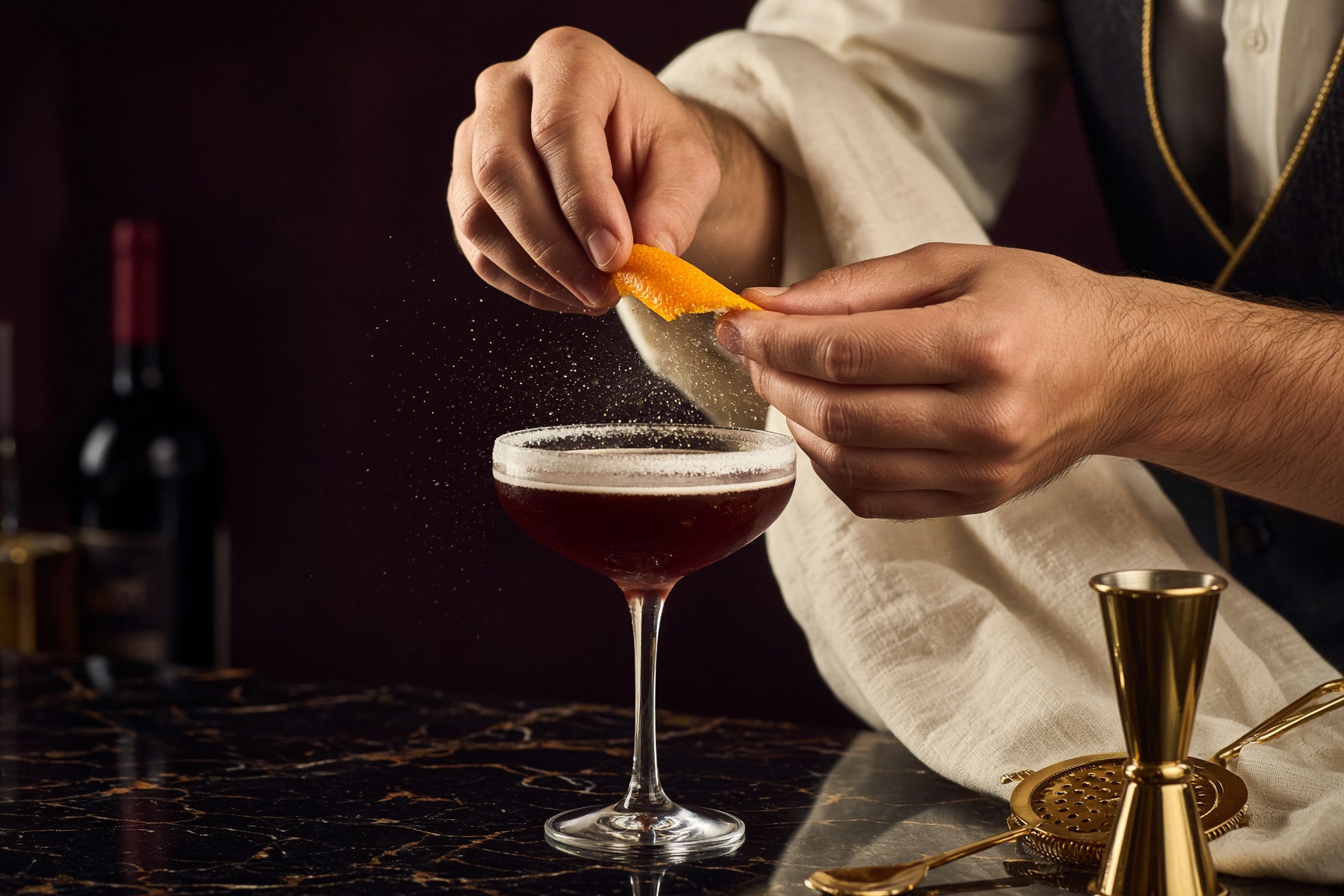 Orange peel expressed over a cocktail